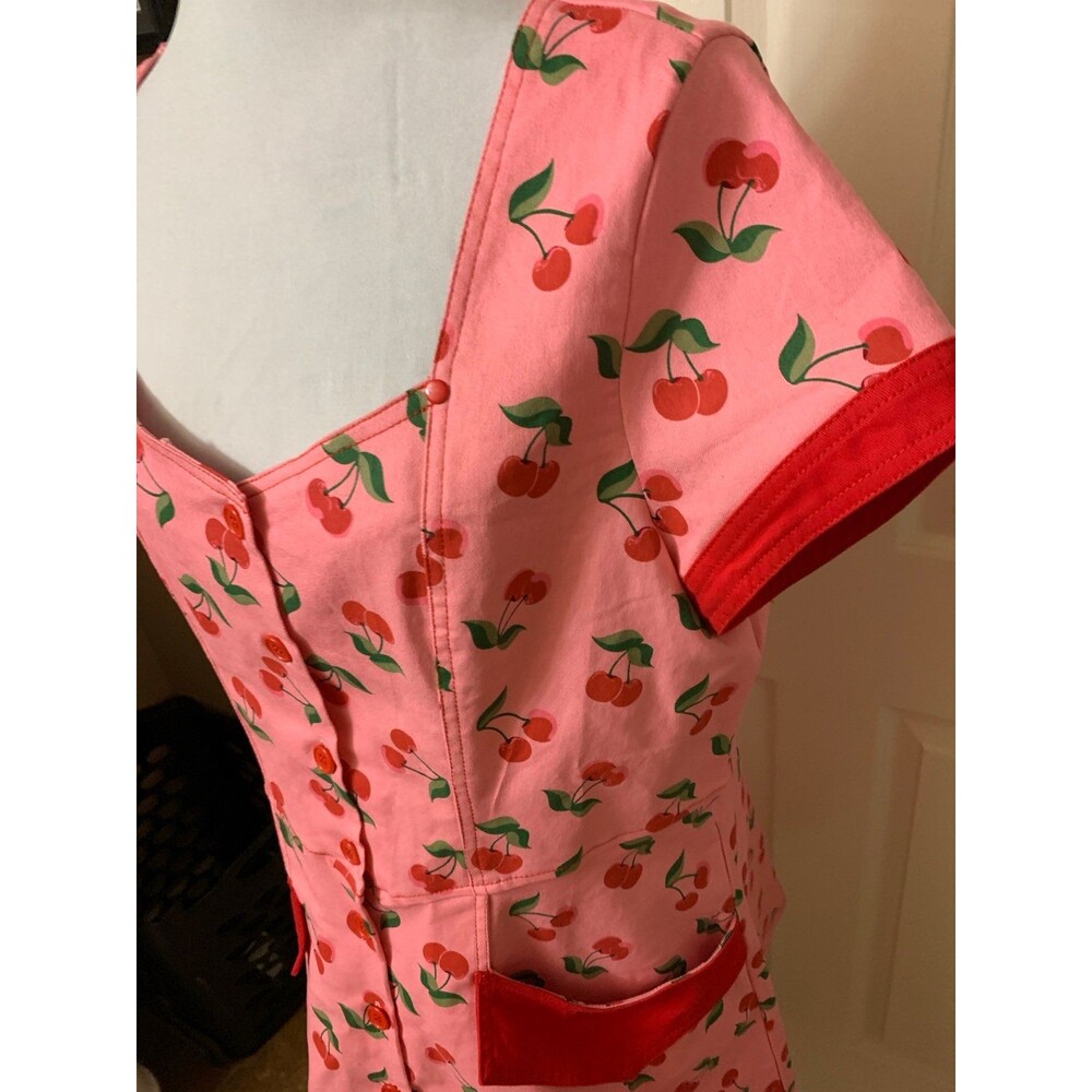 Unique Vintage Pink Denim & Cherry Print Fit & Flare Dress XL 14 NWOT - Picture 7 of 13